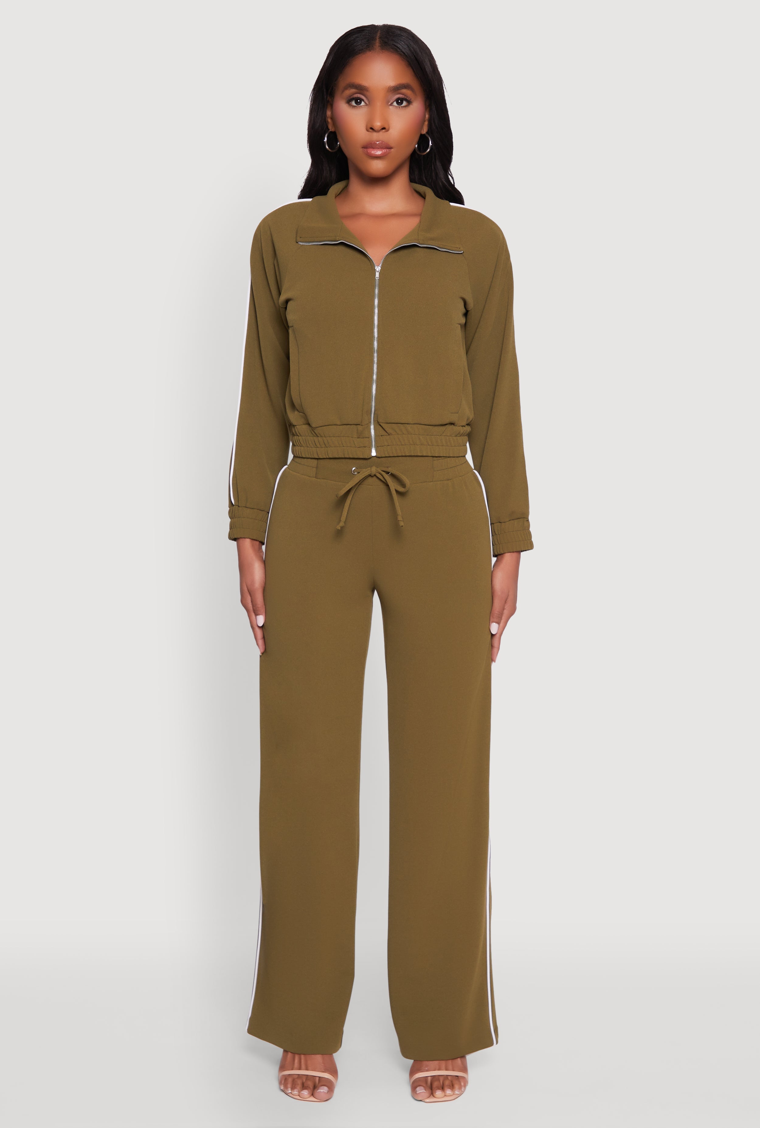 Crepe Knit Zip Front Jacket with Contrast Piping