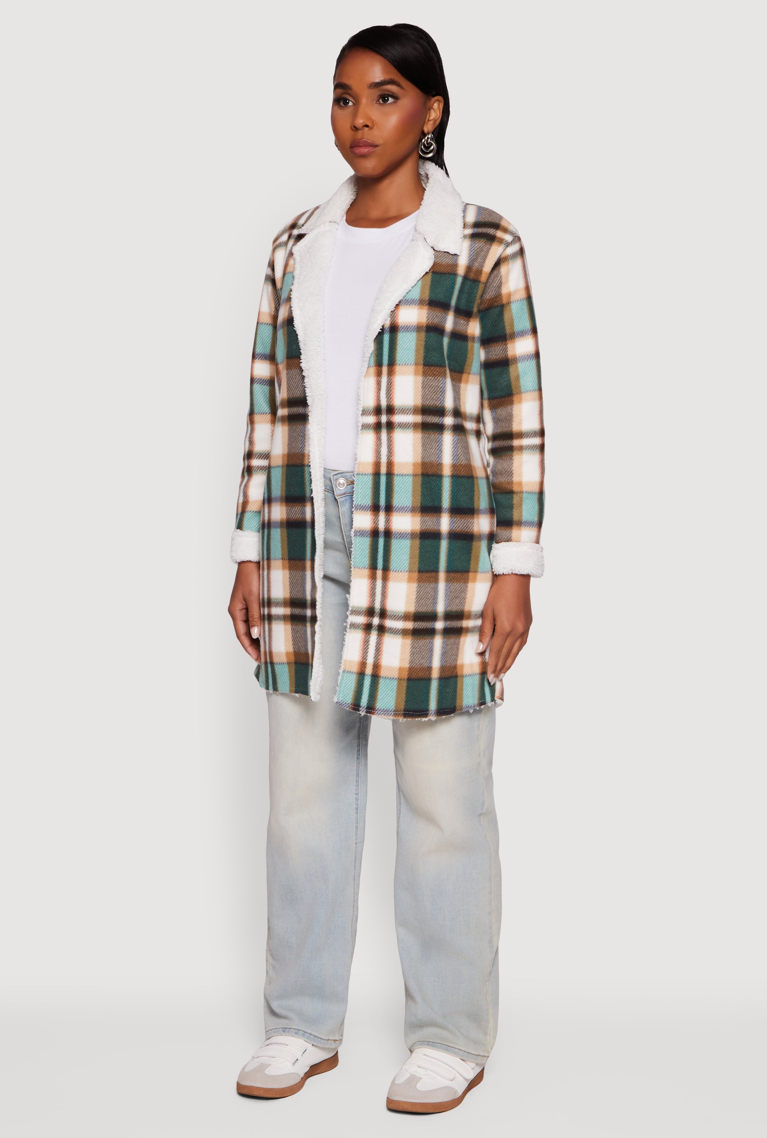 Plaid Sherpa Lined Fleece Collared Open Front Long Jacket