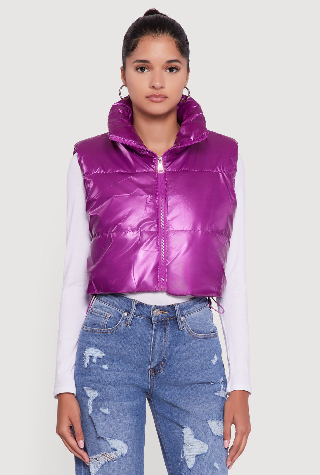 Drawstring Hem Cropped Zip Front Puffer Vest