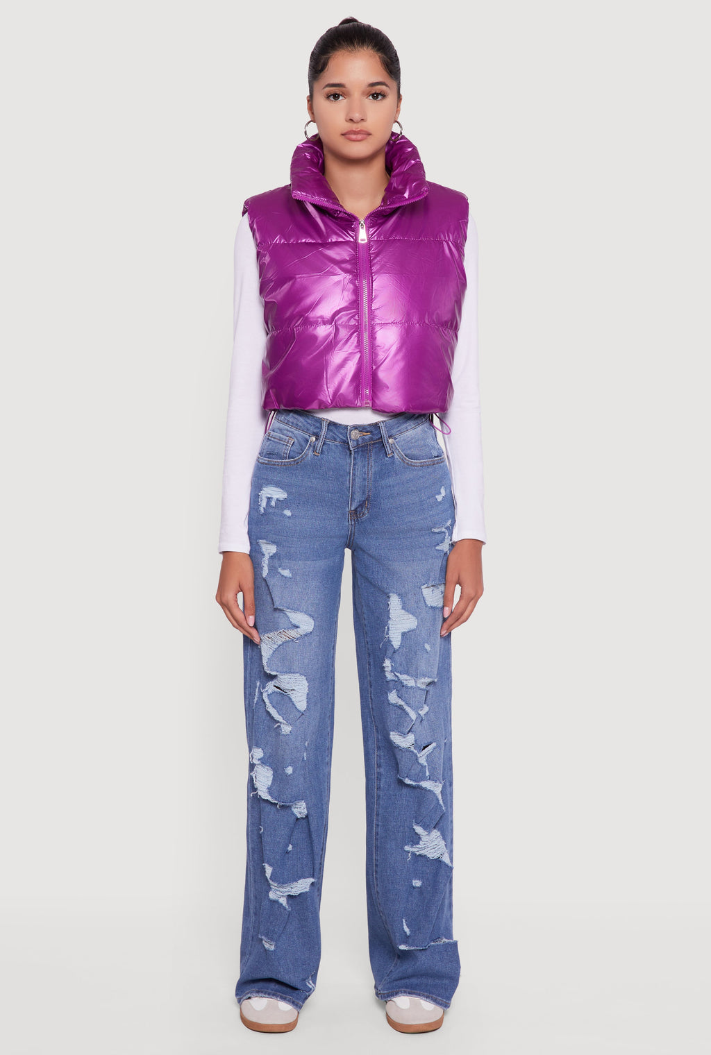Drawstring Hem Cropped Zip Front Puffer Vest