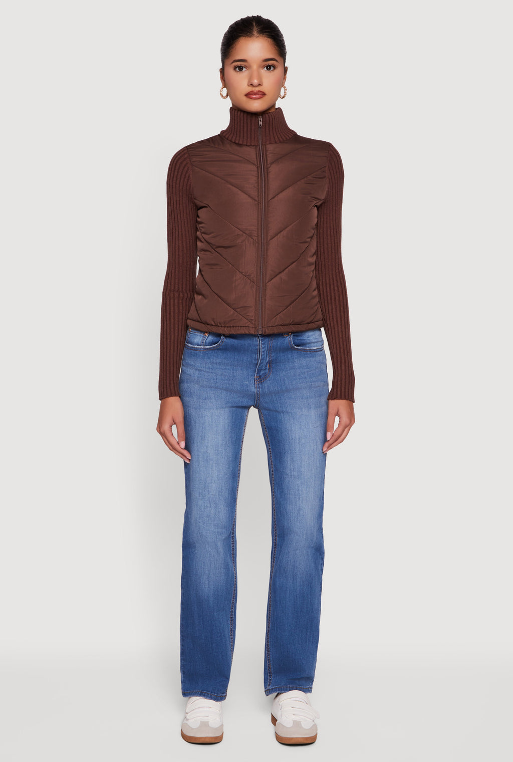 Quilted Puffer Jacket with Ribbed Knit Sleeves