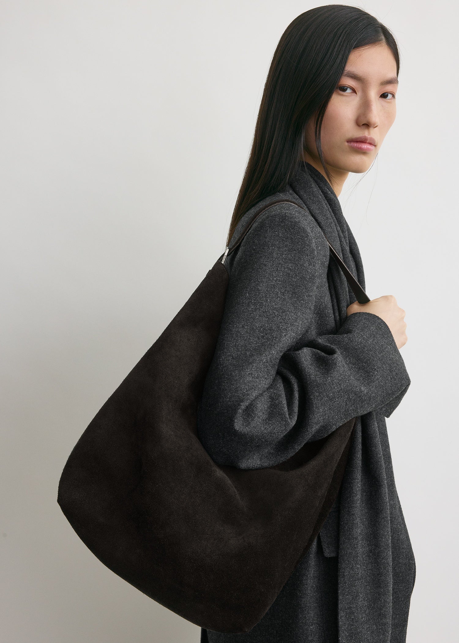Belted suede tote espresso